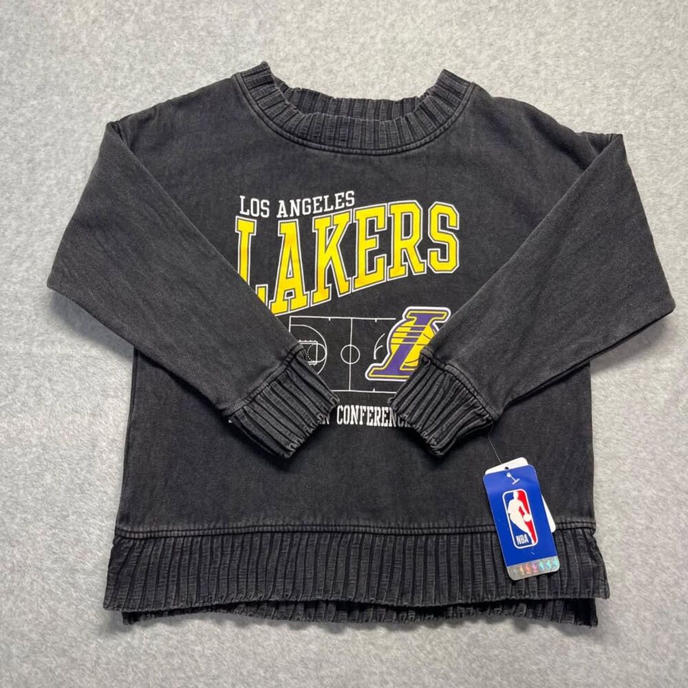 NBA Los Angeles Lakers Girls Sweatshirt S 6/6X Charcoal Wash Pleated Trim NWT